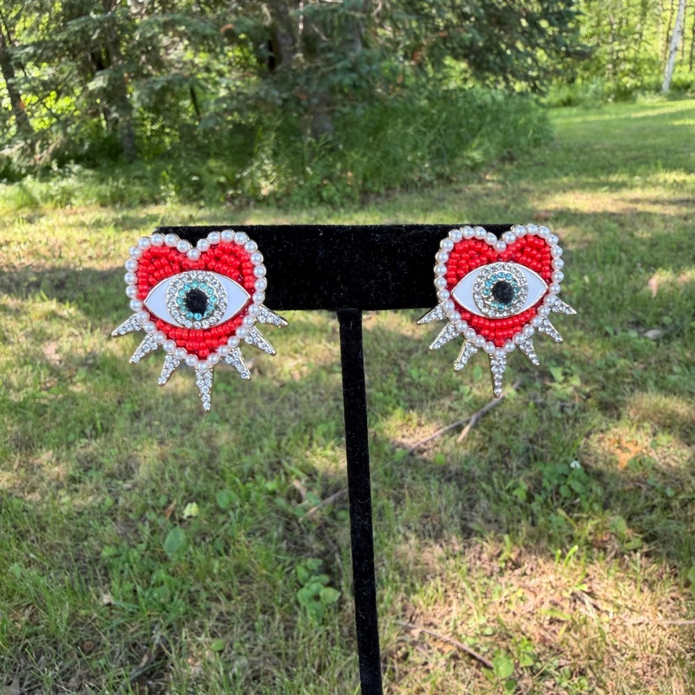 BaubleBar Heart Evil Eye Stud Earrings Red Gold Beaded Rhinestone Spikes